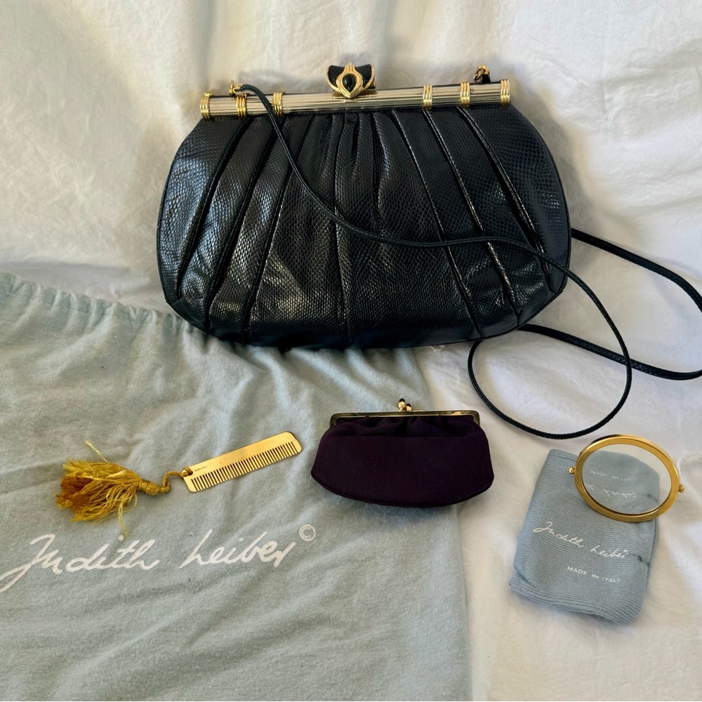 Judith Leiber Black and Gold Snakeskin shoulder bag.